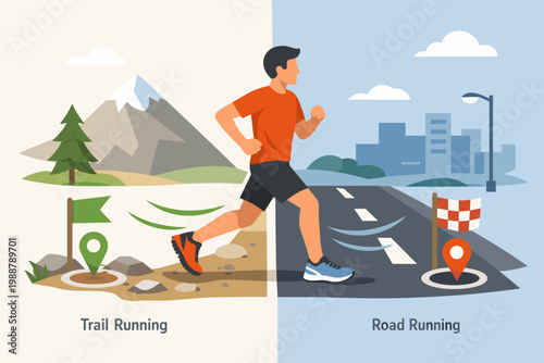 Comparison of Trail Running and Road Running with Male Athlete Jogging on Different Surfaces, Mountain Landscape vs City Skyline, Fitness Training Concept with Location Pins and Flags Flat Vector