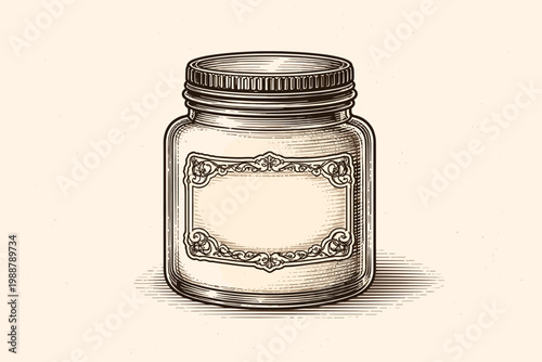 Vintage Engraved Illustration of a Cosmetic Cream Jar with Cap and Decorative Blank Label. Retro Apothecary Bottle for Skincare Packaging Design. Hand Drawn Woodcut Style Vector Graphic.