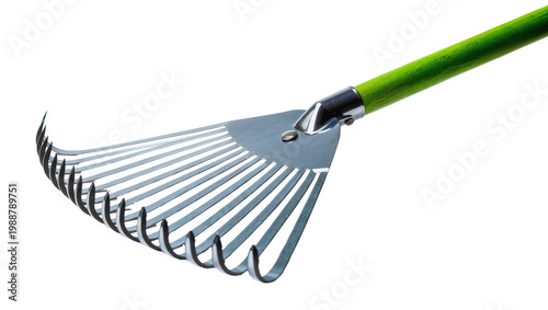 Obraz na plátně Metal fan rake with curved tines and green wooden handle, isolated on transparen