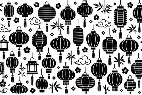 Seamless Vector Pattern of Traditional Japanese and Chinese Paper Lanterns with Clouds, Bamboo, and Cherry Blossoms. Minimalist Black and White Ink Design for Asian Festival Backgrounds and Decor.