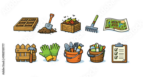 Collection of gardening tools and supplies for preparing a garden bed
