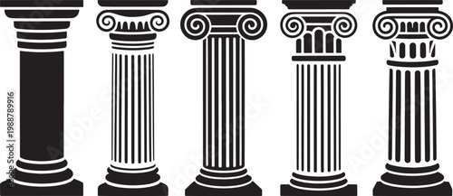 Set of classical Greek Roman columns architectural elements in black silhouette