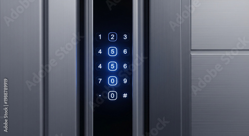 PIN lock shows three numbers glowing brighter to show code entry on a digital keypad for a security system effort