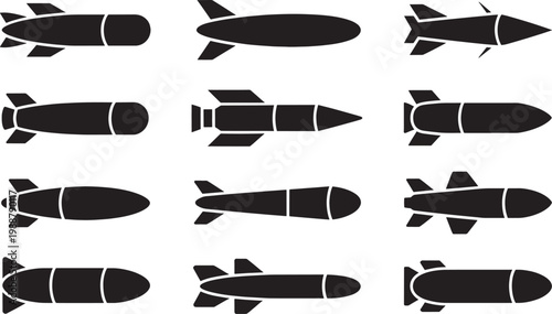 Military missile and torpedo silhouette collection for defense industry and tactical warfare graphics