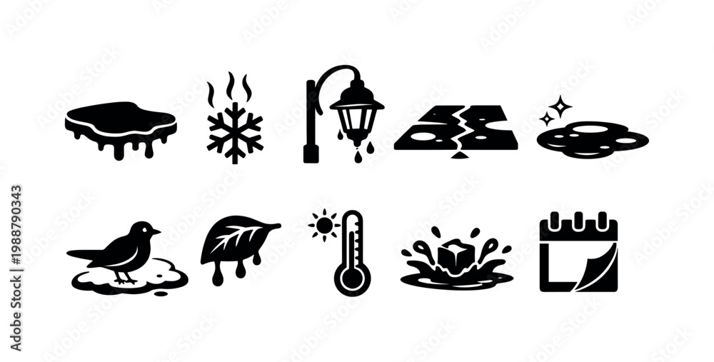 Fototapeta premium Collection of icons representing melting snow and changing seasons