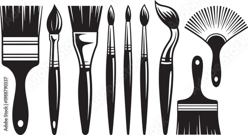Collection of artist paint brushes silhouette vector set on checkered background