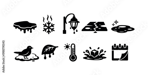 Collection of icons representing melting snow and changing seasons