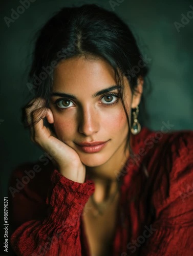 Young woman with dark hair and earrings poses with hand on face in a close-up shot in a dim setting