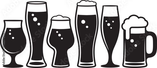 Assortment of beer glasses silhouette vector set with foam and bubbles on checkered background
