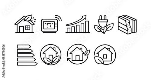 Collection of simple line icons representing energy efficiency and sustainability in homes