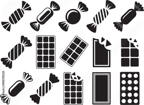 Sweet candy and chocolate bar icons set including wrapped treats bitten snacks and cocoa food items