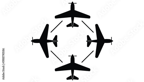 Set of four propeller airplane silhouettes flying in a circular formation for aviation logos and air show travel designs