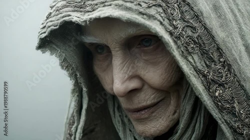 Focused look at an older woman wearing a hood and a serious expression, filmed in a gray environment at twilight during an outdoor event