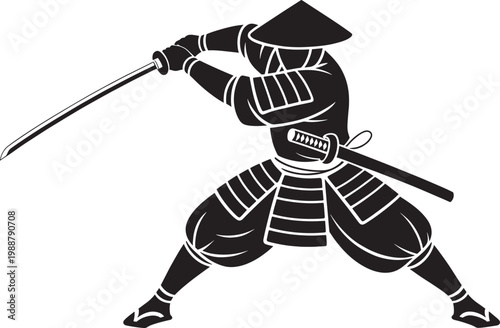 Samurai warrior silhouette with sword in defensive stance for martial arts and history themes