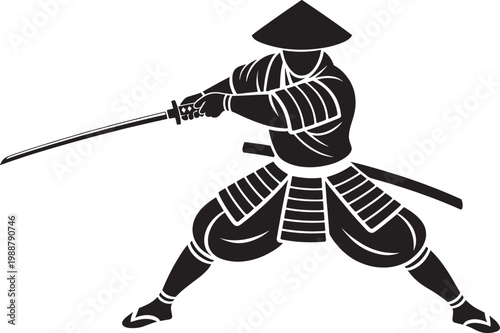 Samurai warrior silhouette with sword in defensive stance for martial arts and history themes