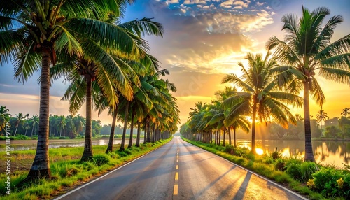 A sunlit road bordered by lush palm trees leads towards a bright sunset over a serene lake. The sky is full of color