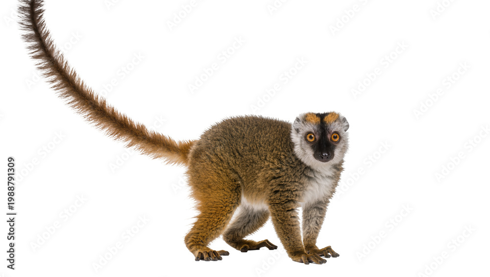 Fototapeta premium Brown lemur with fluffy tail standing, isolated on transparent background