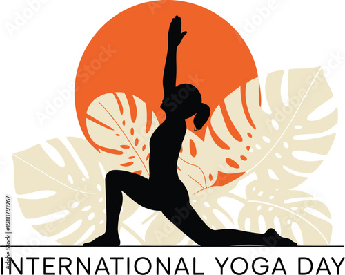 Silhouette of woman in yoga pose with sun and leaves Keywords: yoga, international yoga day