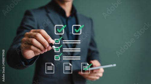 Executive selecting items on interactive digital assessment form showing high quality standards and organization.