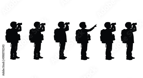 Silhouettes of children with backpacks and binoculars exploring nature high quality