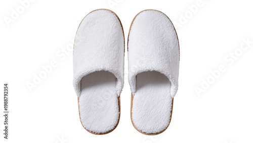 Obraz na płótnie Pair of fluffy white terry cloth slippers with brown soles, isolated on transpar