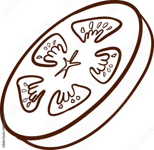 Tomato slice. Vector illustration in engraving style. Fresh vegetable ingredient icon used for burger menus, recipe cards, food infographics, restaurant labels, and food blog graphics.