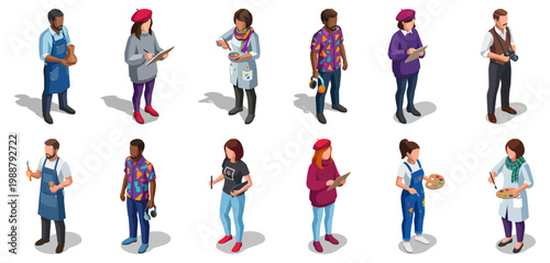 Isometric creative people and artists set engaged in various crafts | Vector characters collection for hobby and workshop design projects