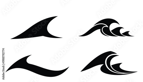 Set of minimalist ocean wave silhouettes and tribal sea surf icons for summer beach logos and water sports