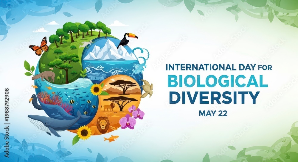 Fototapeta premium International Day for Biological Diversity illustration with global wildlife and nature elements
