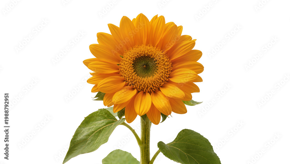 Obraz premium Bright orange sunflower with green center and leaves, isolated on transparent background