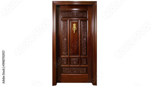 Foto Ornate dark wood door with golden knocker intricately carved panels, isolated on