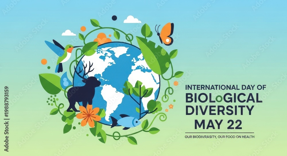Naklejka premium International Day of Biological Diversity poster with globe and wildlife illustration on light background