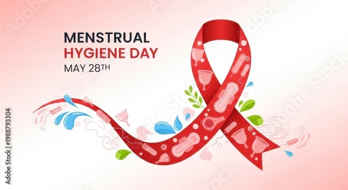 Menstrual Hygiene Day ribbon with watercolor splashes on soft pink background