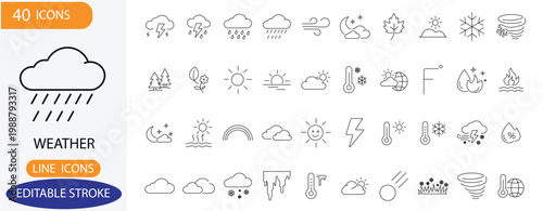Weather and meteorology Line Icons Set. Features icons of sun, rain, snow, temperature, lightning, and clouds. Perfect for meteorological apps, news reports, and digital UI design.