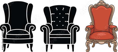 Luxury throne armchair illustration, royal collection with black lounge chairs and ornate golden throne for classic furniture and interior decor.