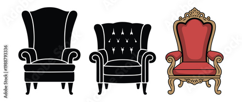 Royal armchair collection illustration set, luxury black lounge chairs and ornate golden throne for classic furniture design and interior decor.