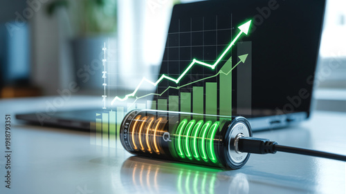 Battery charging with rising chart showing energy growth and performance increase