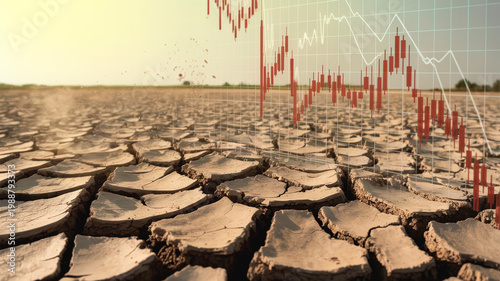 Cracked dry land with falling chart showing environmental decline and climate crisis