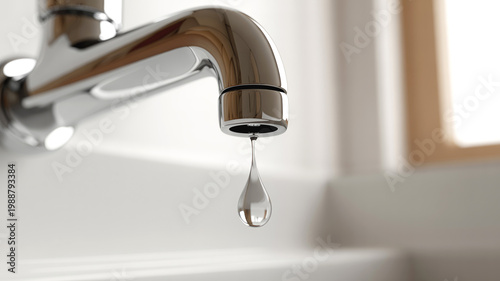 Water faucet dripping single drop in bathroom sink, Concept of water conservation, household usage and resource awareness