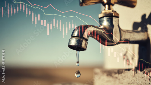 Water faucet dripping with falling chart showing resource decline and scarcity, Concept of water shortage, environmental crisis and sustainability