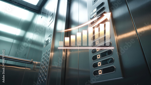 Elevator control panel with digital growth chart overlay in modern building interior, Concept of business growth, progress and corporate success