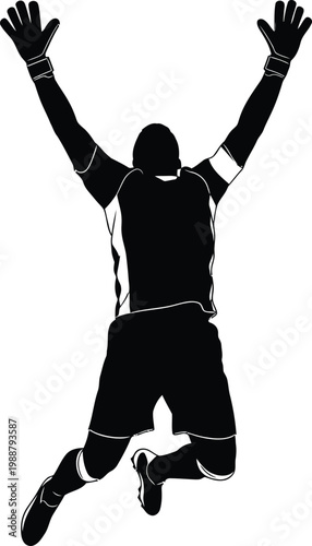 Soccer goalkeeper silhouette, football player celebrating victory, jumping goalie vector