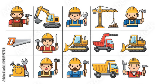 Construction worker cartoon icons, 15 builder and machinery vector set, industrial tools