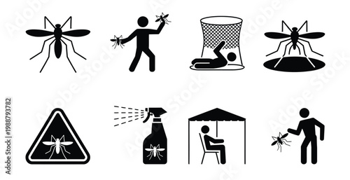 Mosquito protection icons illustration set, stick figure silhouettes showing insect bite malaria risk bed net repellent spray and swamp breeding warning.