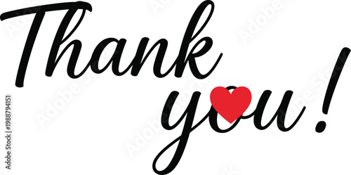 Calligraphy thank you text with red heart, elegant script lettering, gratitude vector sign