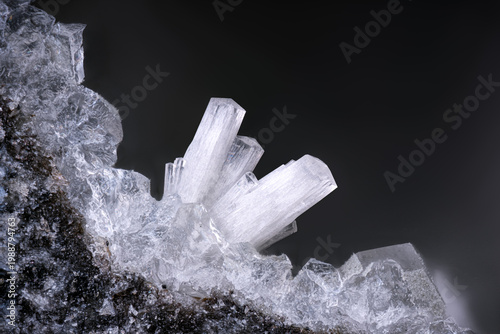 Natrolite crystals. Specimen from St-Jean-Des-ollières, Puy-de-Dôme, france. Micro photography extreme close-up. microscope mineral crystal photography for Scientific use.