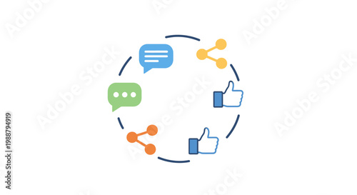 Circular flow of social media engagement icons showing comments, shares, and likes, representing online interaction and digital communication.