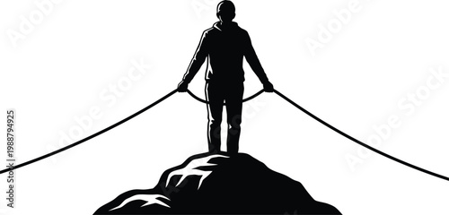 Minimalist mountain climber silhouette, man holding ropes on peak, outdoor adventure vector