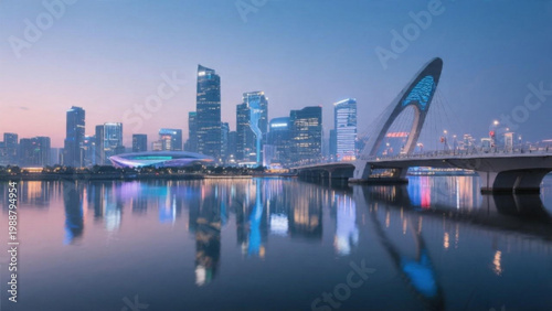 A serene cityscape at dusk with a modern bridge and skyscrapers reflecting off the calm water