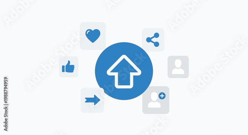 A central blue upward arrow icon surrounded by various social media engagement symbols like likes, shares, and profile icons, representing growth and interaction.